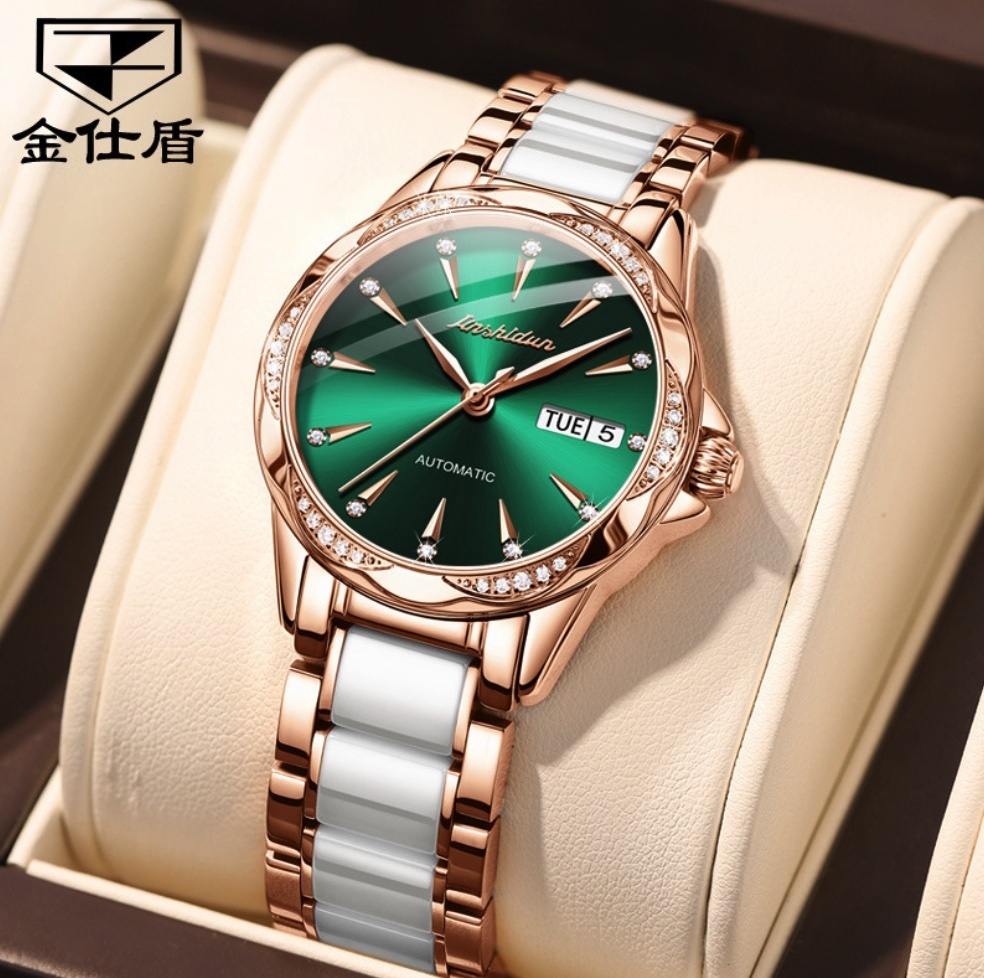 Hot selling gold shield diamond ceramic steel strap waterproof ladies watch (ceramic strap rose shell green face for women)