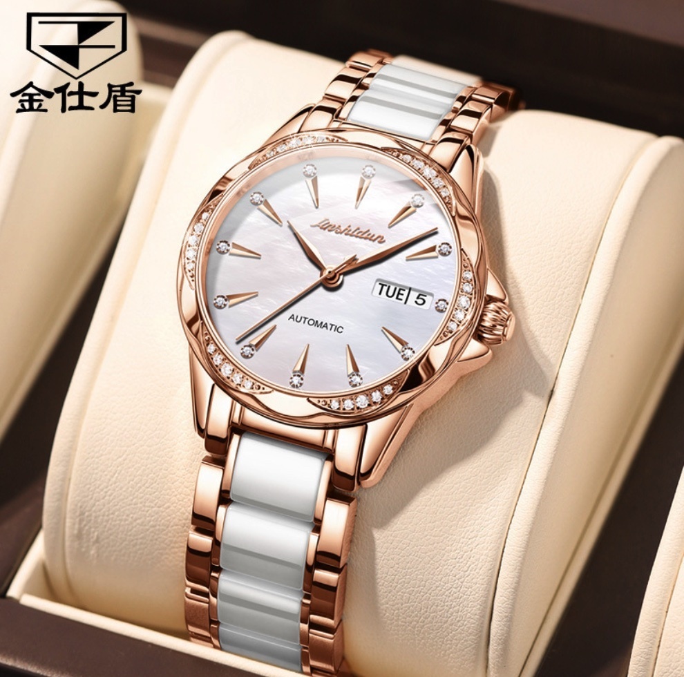 Hot Selling Gold Shield Diamond-Inlaid Ceramic Steel Strap Waterproof Women's Watch (Ceramic Band Rose Shell White Face Women's)