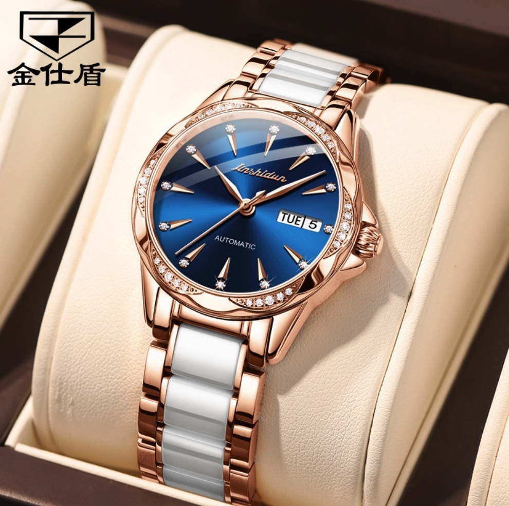 Hot Selling Gold Shield Diamond Ceramic Steel Strap Waterproof Women's Watch (Ceramic Band Rose Shell Blue Face Women's Watch)