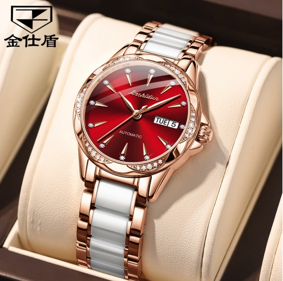 Hot Selling Gold Shield Diamond Ceramic Steel Strap Waterproof Women's Watch (Ceramic Band Rose Shell Red Face Women's Watch)