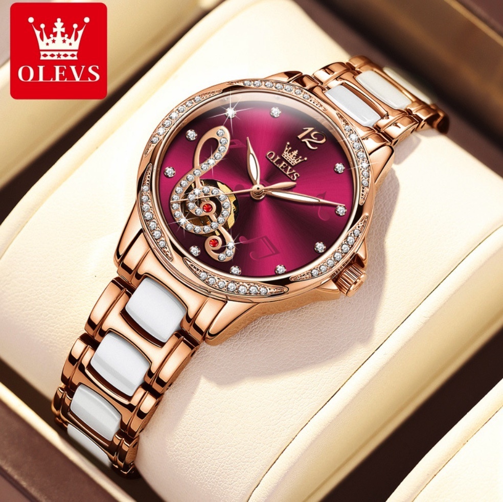 Hot selling Oris fully automatic mechanical watch for women (ceramic with rose shell and burgundy face for women)