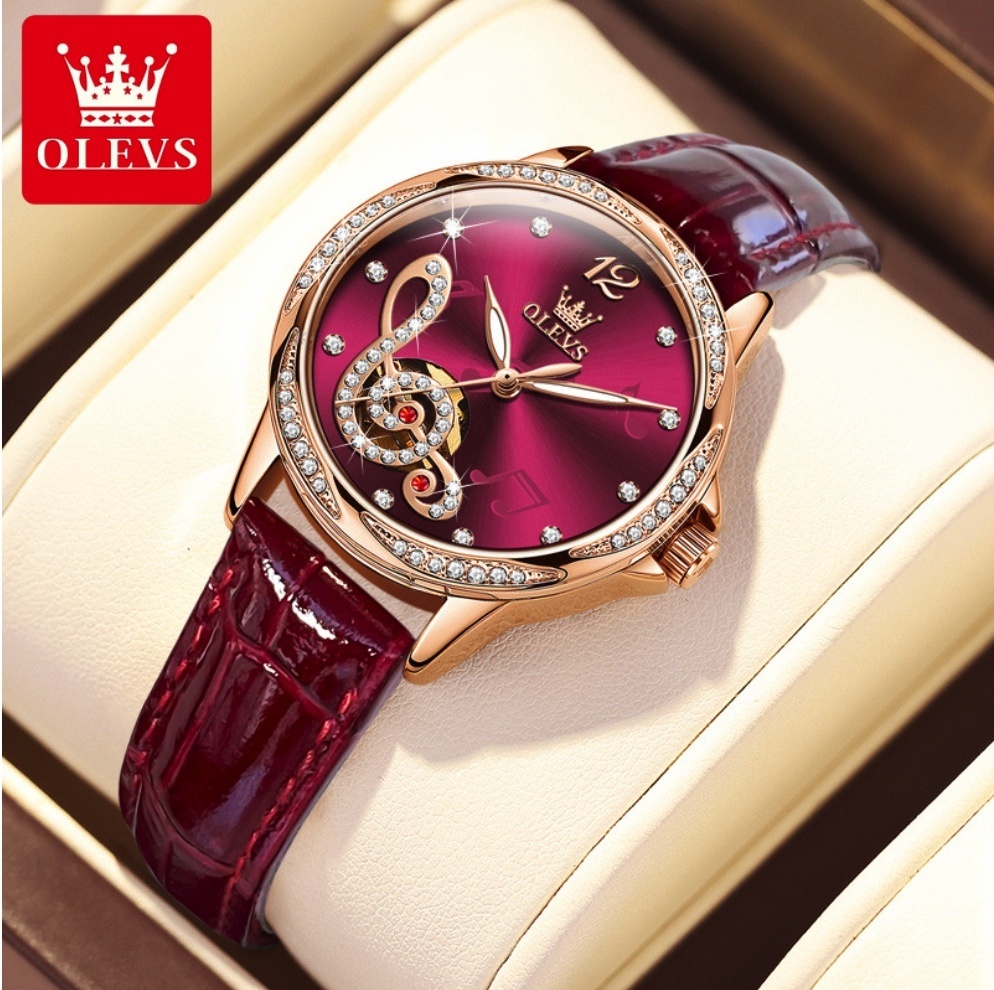 Hot selling Oris fully automatic mechanical watch for women (burgundy leather, rose shell, red face for women)