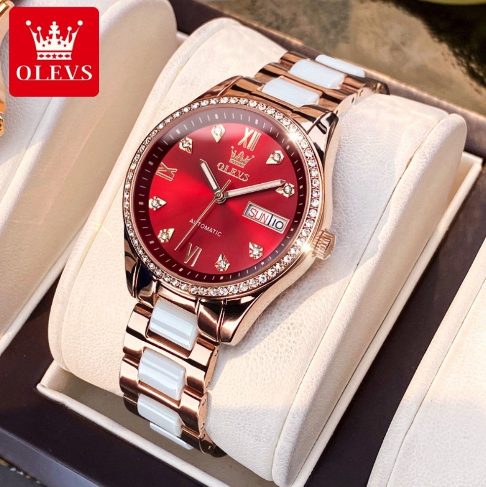 Hot selling Oris fully automatic mechanical watch for women (ceramic with rose shell and red face for women)
