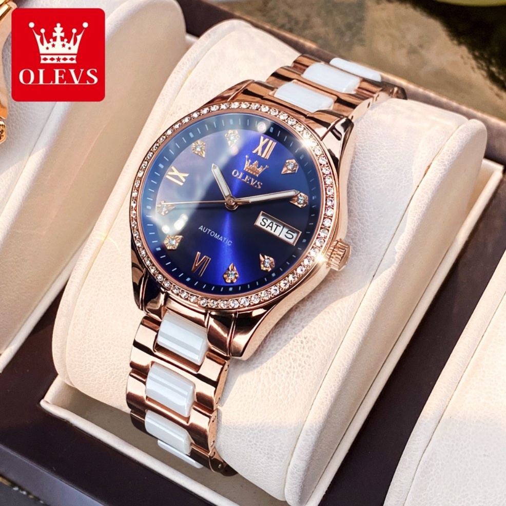 Hot selling Oris fully automatic mechanical watch for women (ceramic with rose shell and blue face for women)