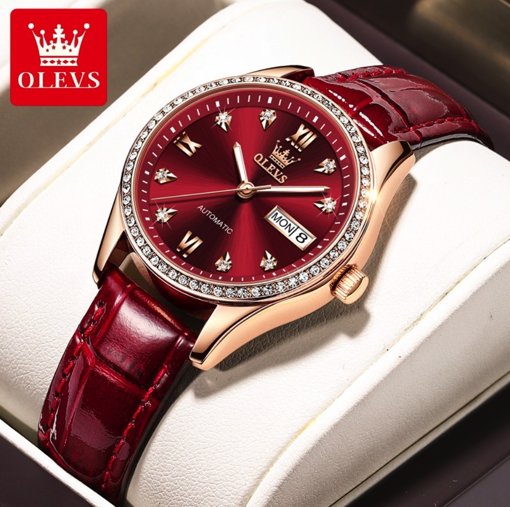 Hot selling Oris fully automatic mechanical watch for women (burgundy leather, rose shell, red face for women)