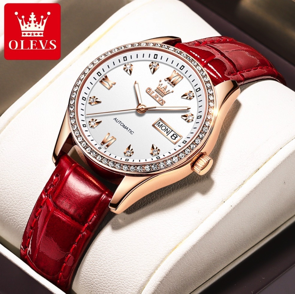 Hot selling Oris fully automatic mechanical watch women's watch (red leather rose shell white face women's watch)