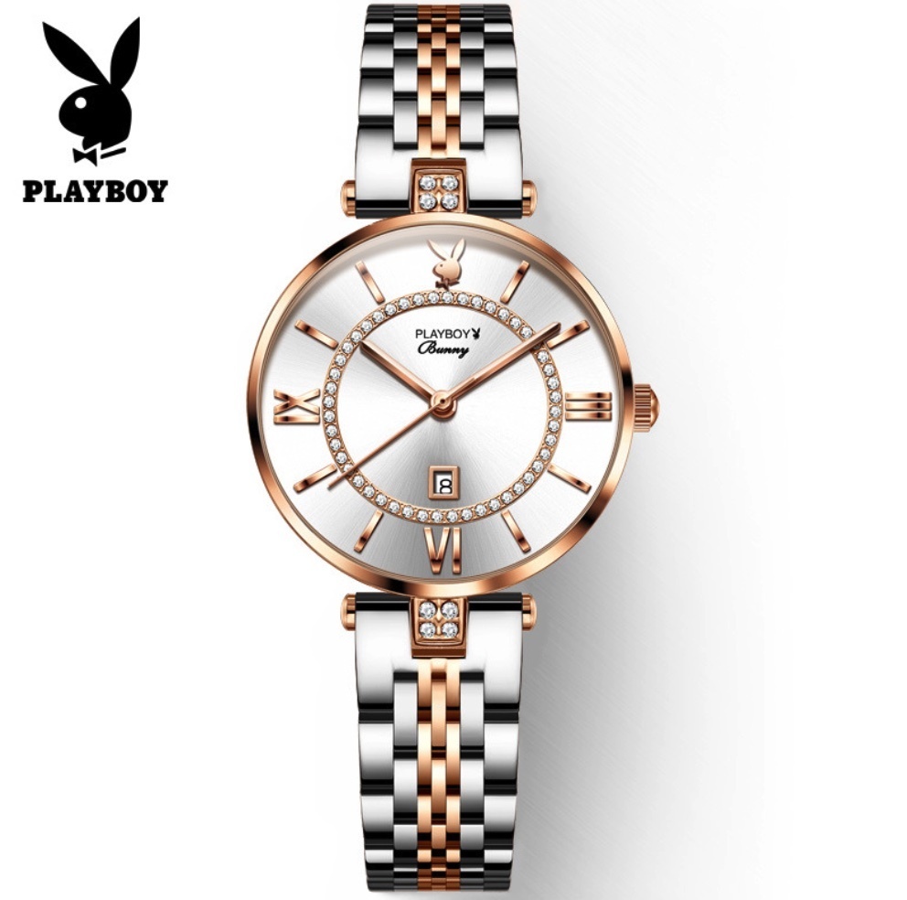 Hot Selling PLAYBOY Women's Watch (Rose Gold Roman Face between Steel Bands for Women)
