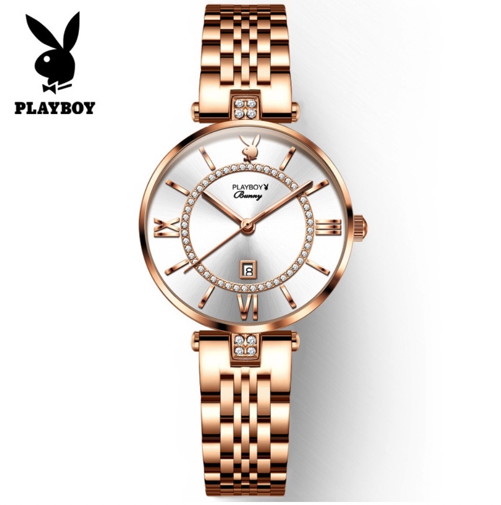 Hot Selling PLAYBOY Women's Watch (Steel Strap Full Rose Gold Roman Face Women)