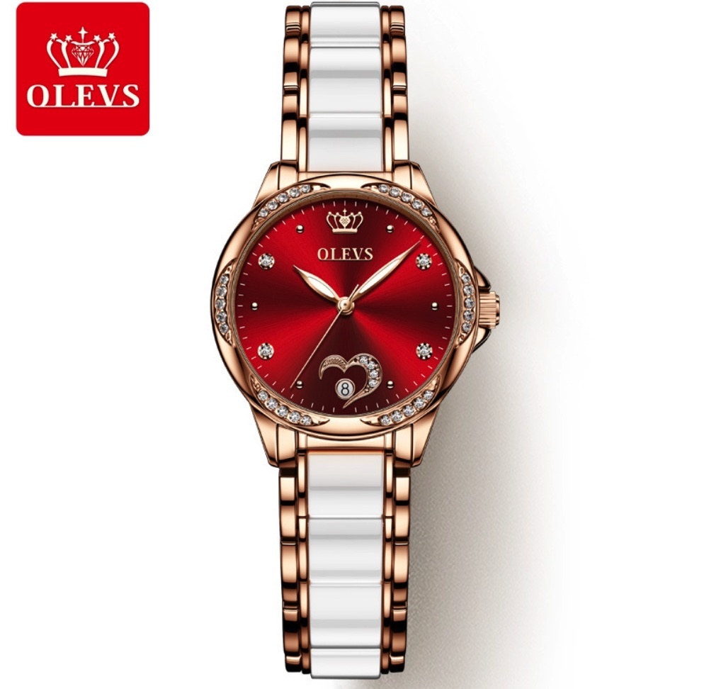 Hot selling Oris ceramic chain diamond mechanical watch for women (ceramic with rose shell and red face for women)