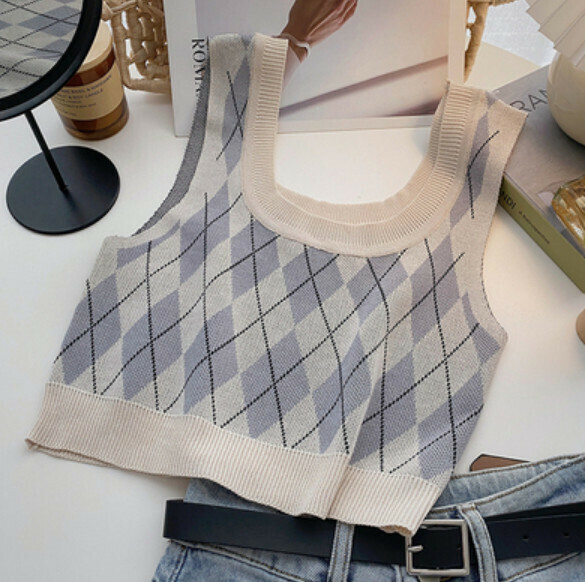 Summer color-block checked knitted vest (apricot) [one size]