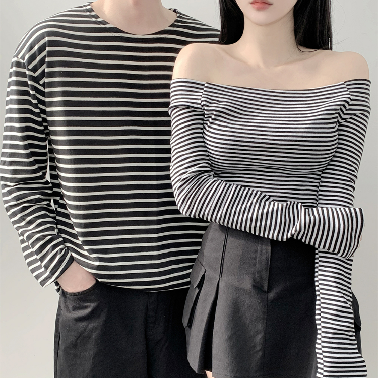 圓領條紋薄上衣/合身條紋露肩上衣 (兩色)