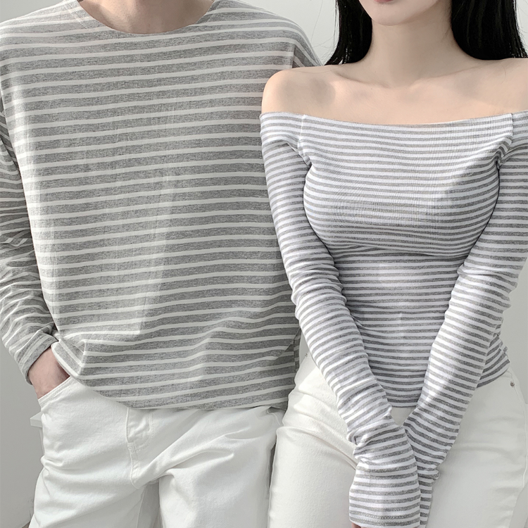 圓領條紋薄上衣/合身條紋露肩上衣 (兩色)