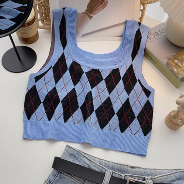 Summer color-block checked knitted vest (blue) [one size]