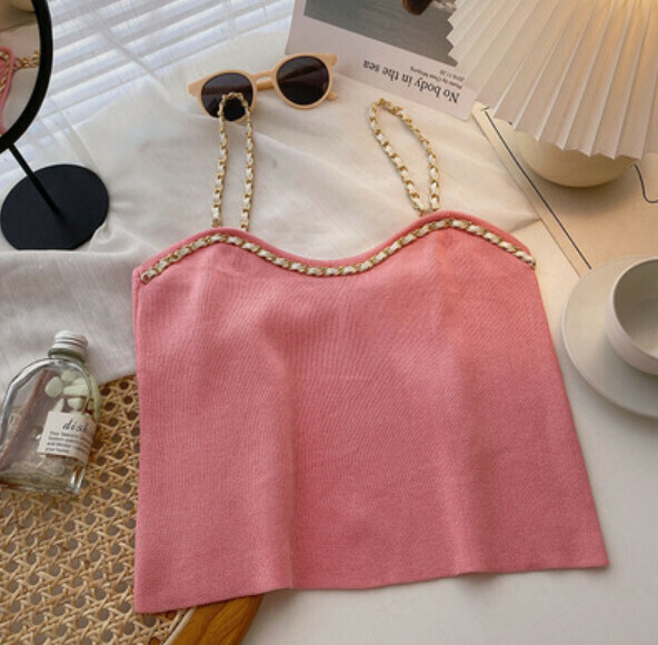 Bright silk V-neck sleeveless cropped knitted vest (pink) [one size]