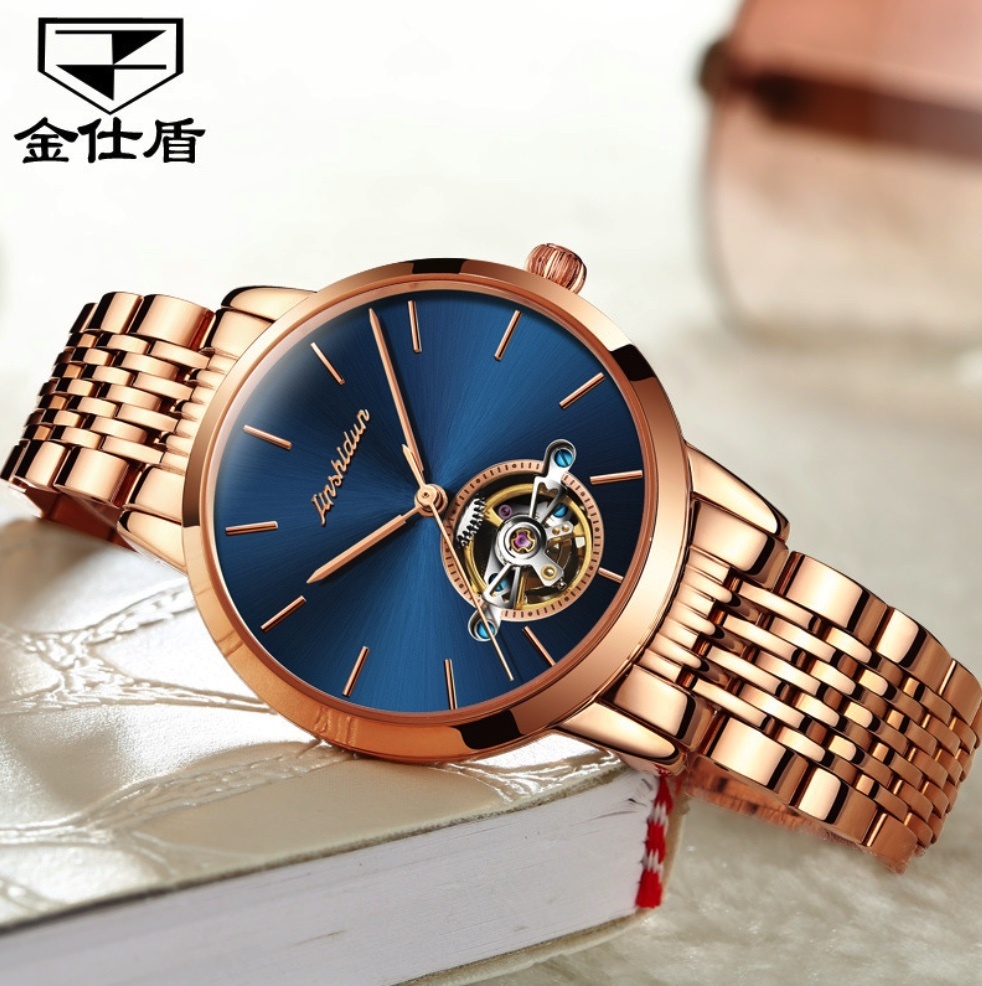 Hot Selling Gold Shield Waterproof Mechanical Watch Skeleton Women's Watch (Rose Steel Rose Shell Blue Face Women's)