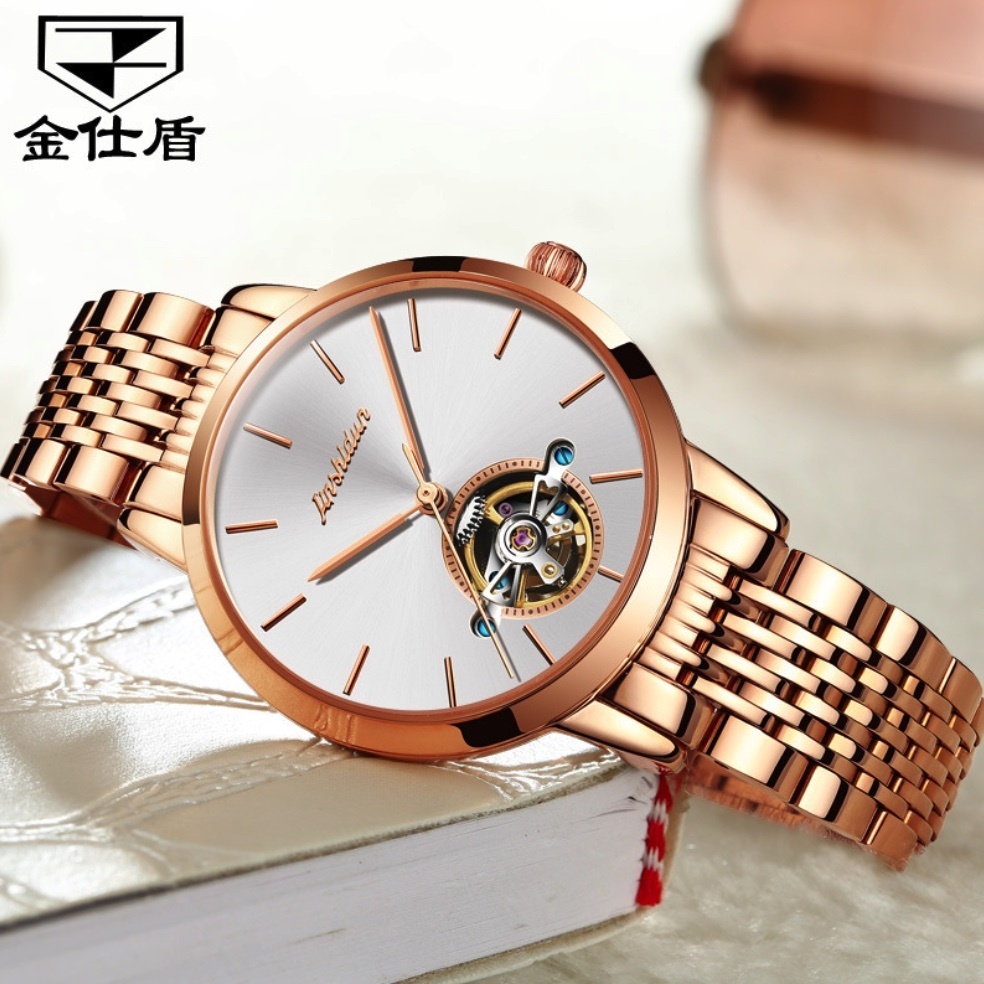 Hot Selling Gold Shield Waterproof Mechanical Watch Skeleton Women's Watch (Rose Steel Rose Shell White Face Women's)