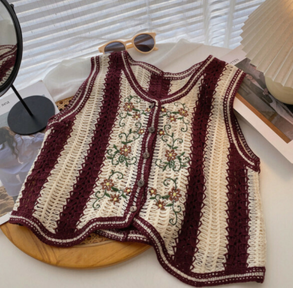 Retro color-block embroidery cropped V-neck vest (red) [one size]
