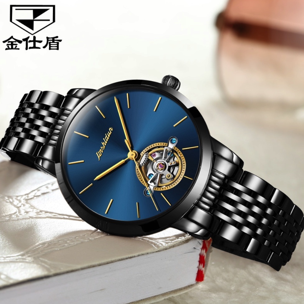 Hot Selling Gold Shield Waterproof Mechanical Watch Skeleton Women's Watch (Black Steel Blue Face Women's)