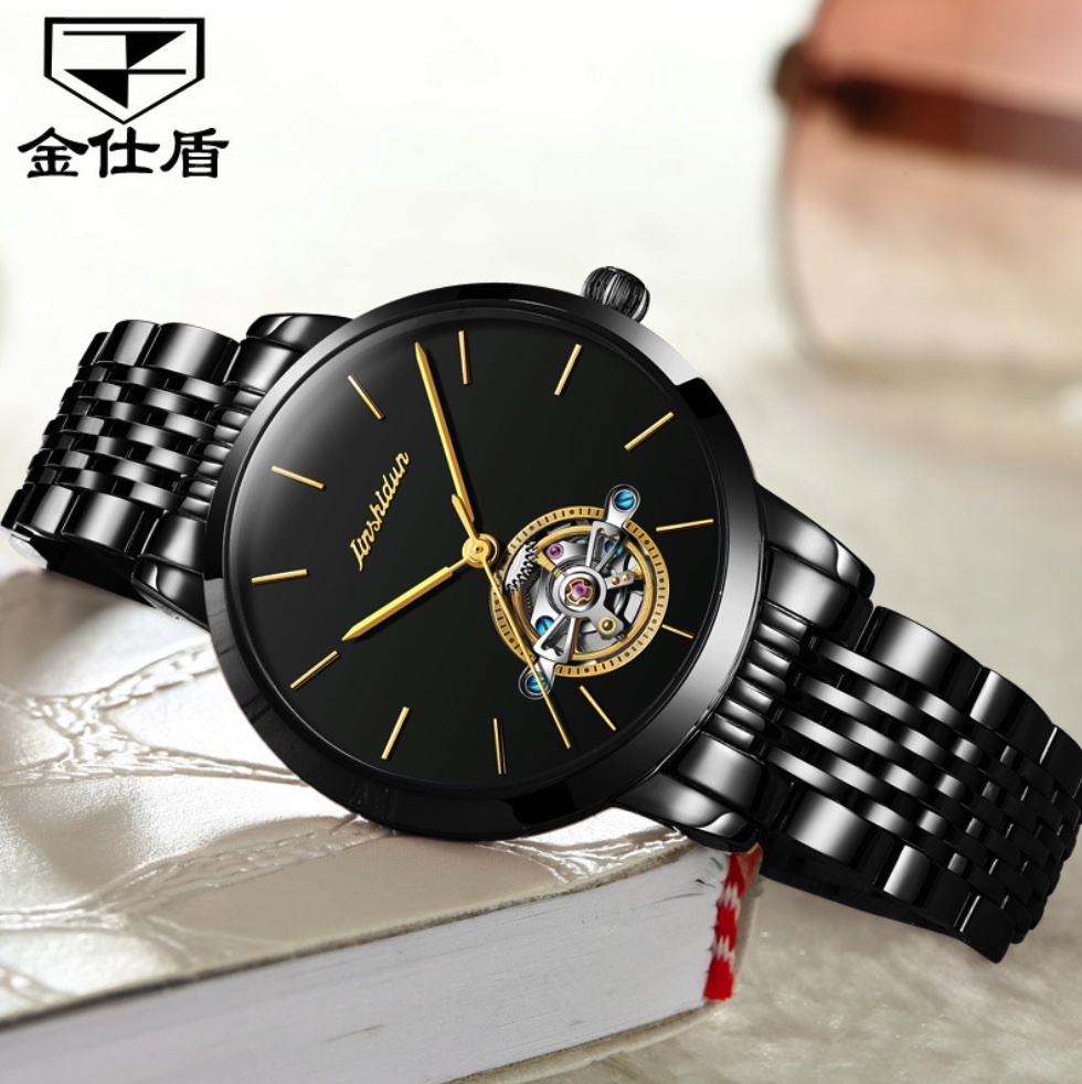 Hot Selling Gold Shield Waterproof Mechanical Watch Skeleton Women's Watch (Black Steel Dark Side Women's)