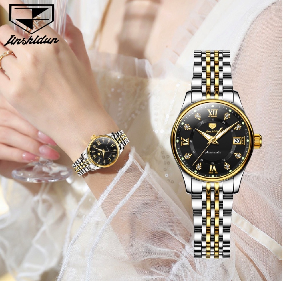 Hot Selling Gold Shield Waterproof Mechanical Watch Waterproof Women's Watch (Black Women's Between Steel Bands)