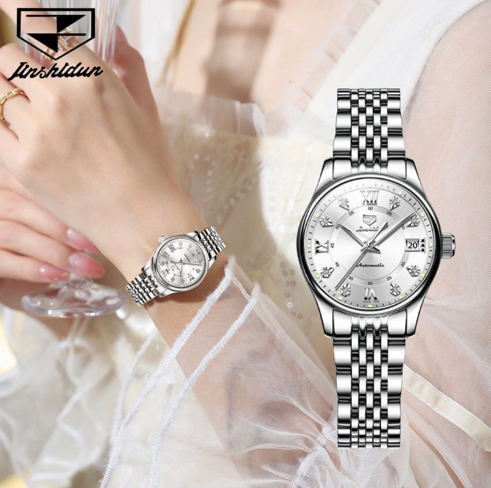 Hot Selling Gold Shield Waterproof Mechanical Watch Waterproof Ladies Watch (Steel Strap White Female)