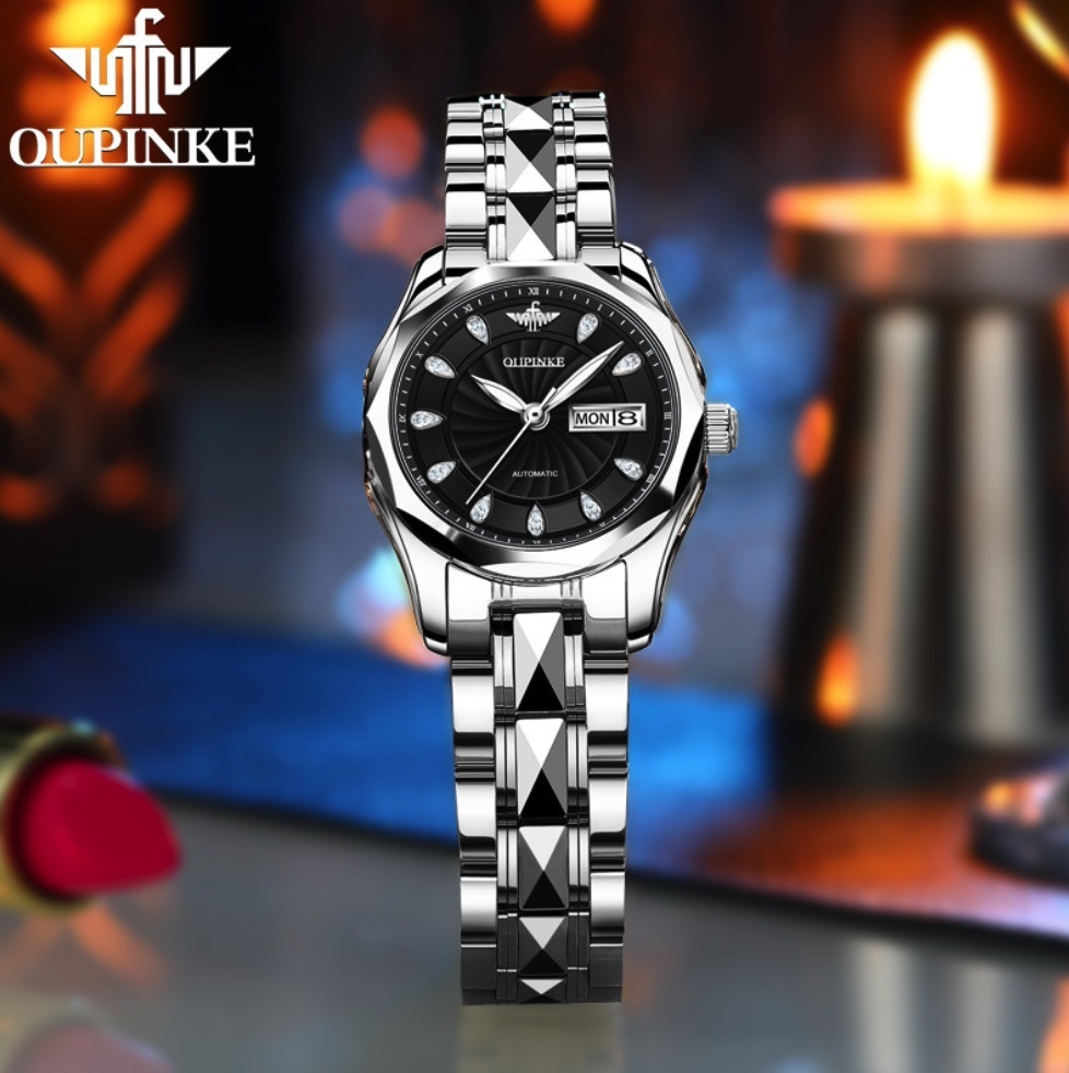 Hot Selling European Pink Waterproof Automatic Mechanical Watch Simple Temperament Ladies Watch (Steel Strap Black Female)