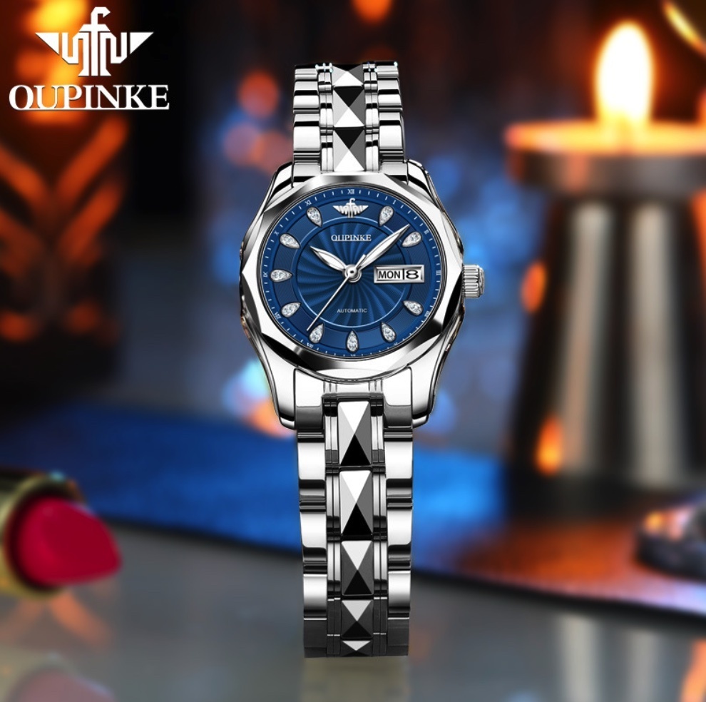 Hot Selling European Pink Waterproof Automatic Mechanical Watch Simple Temperament Women's Watch (Steel Strap Original Blue Women's Watch)