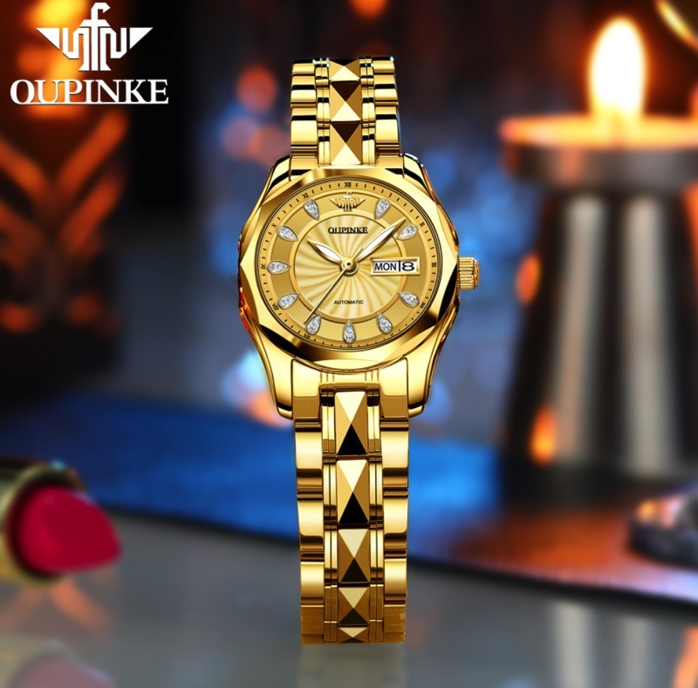 Hot Selling European Pink Waterproof Automatic Mechanical Watch Simple Temperament Women's Watch (Steel Strap Full Gold Women's)