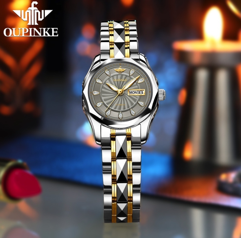 Hot Selling European Pink Waterproof Automatic Mechanical Watch Simple Temperament Ladies Watch (Gray Women Between Steel Bands)