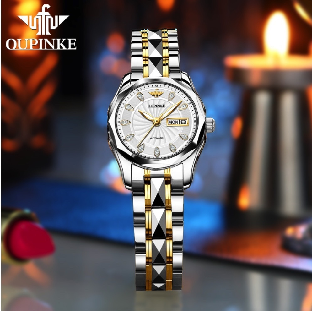 Hot Selling European Pincus Waterproof Automatic Mechanical Watch Simple Temperament Ladies Watch (White Female Between Steel Bands)