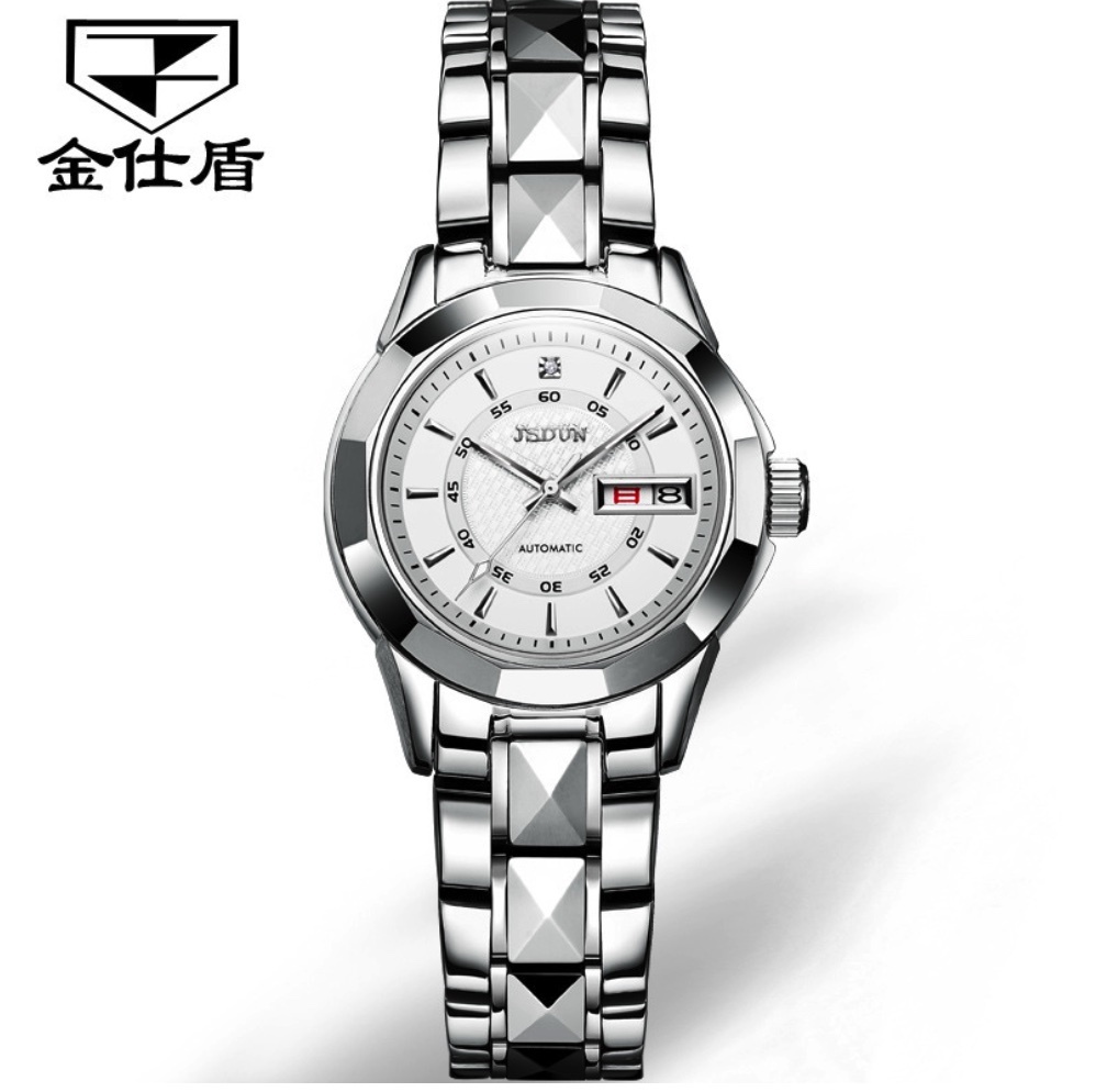 Hot Selling Gold Shield Waterproof Mechanical Watch Dual Calendar Tungsten Steel Ladies Watch (Steel Strap White Female)