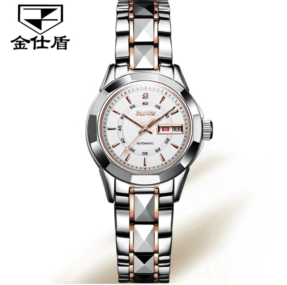 Hot Selling Gold Shield Waterproof Mechanical Watch Dual Calendar Tungsten Steel Women's Watch (White Women's Steel Band)