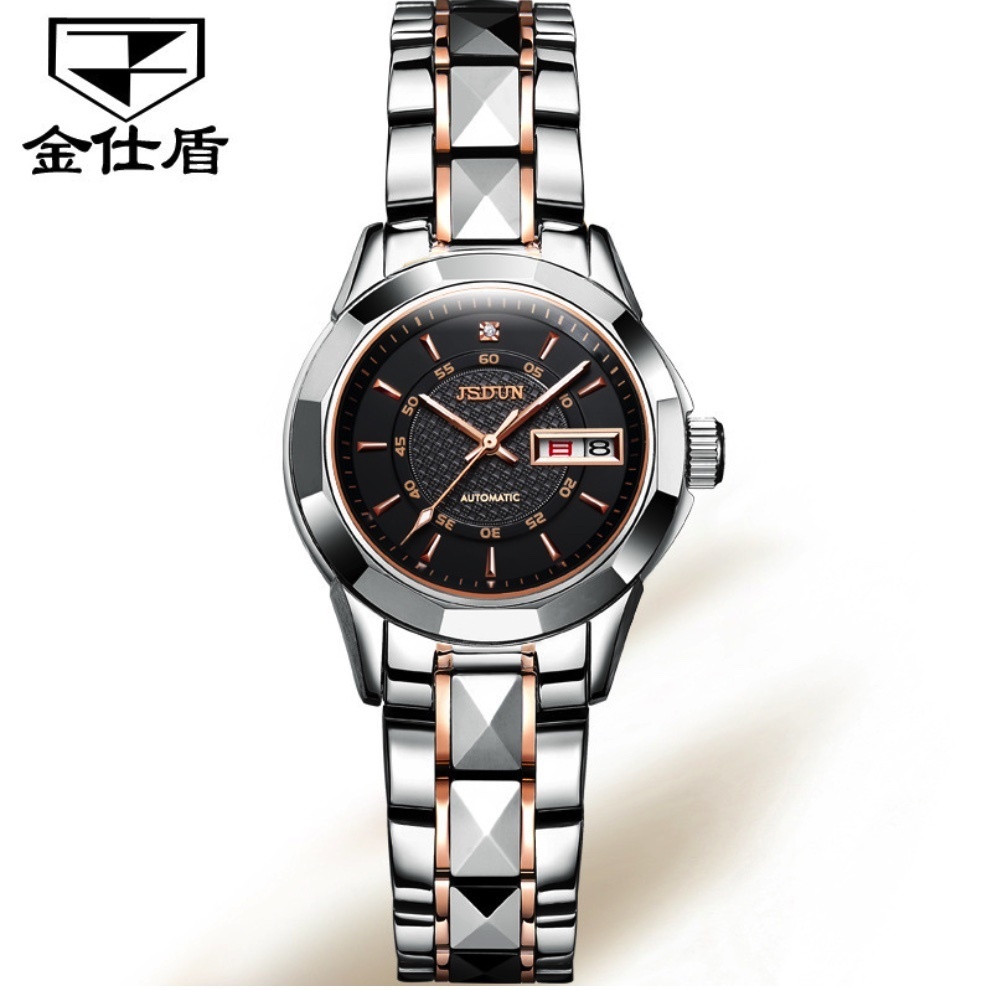 Hot Selling Gold Shield Waterproof Mechanical Watch Dual Calendar Tungsten Steel Women's Watch (Black Women's Between Steel Bands)