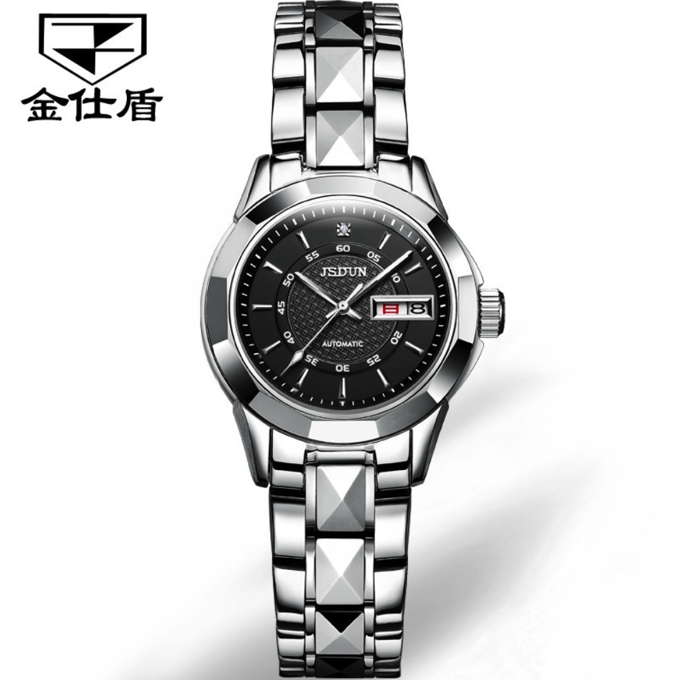 Hot Selling Gold Shield Waterproof Mechanical Watch Dual Calendar Tungsten Steel Women's Watch (Steel Strap Black Women's)
