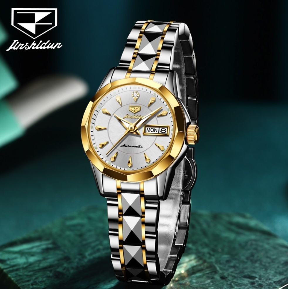 Hot Selling Jinshi Shield Simple Mechanical Watch Waterproof Women's Watch (White Women's Mechanical Between Steel Bands)