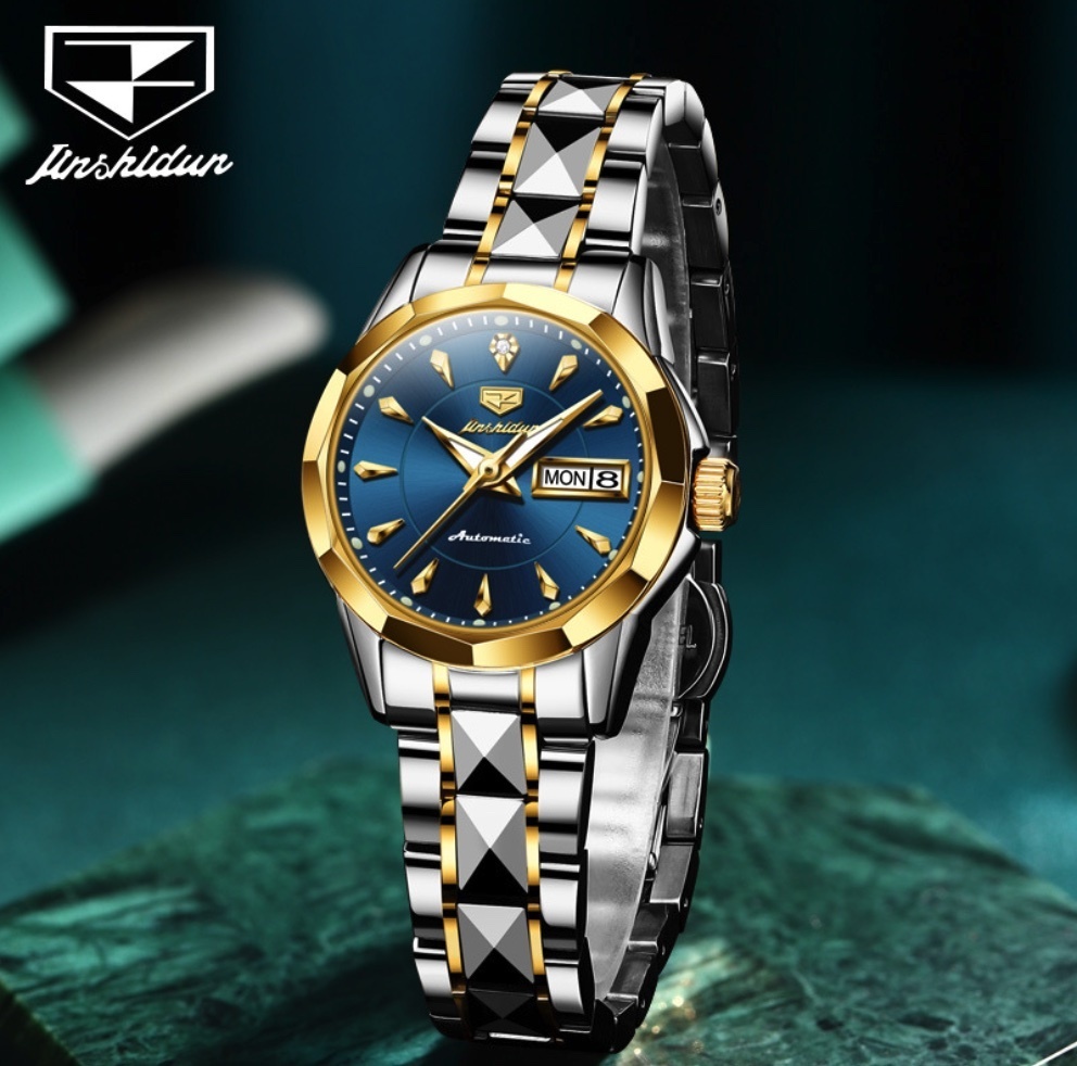 Hot Selling Jinshi Shield Simple Mechanical Watch Waterproof Women's Watch (Blue Women's Mechanical Between Steel Bands)