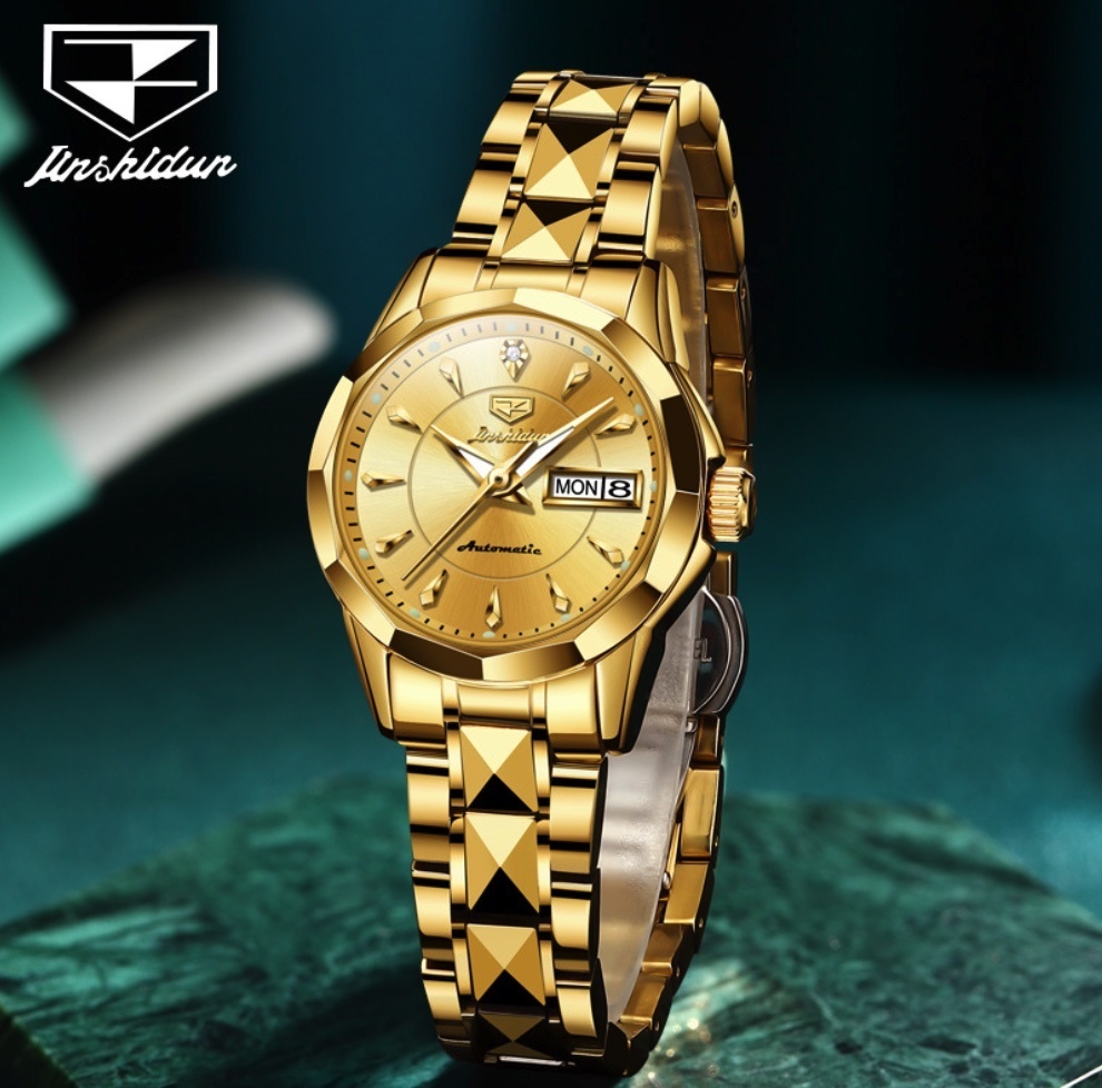 Hot Selling Jinshi Shield Simple Mechanical Watch Waterproof Ladies Watch (Steel Belt Full Gold Ladies Mechanical)