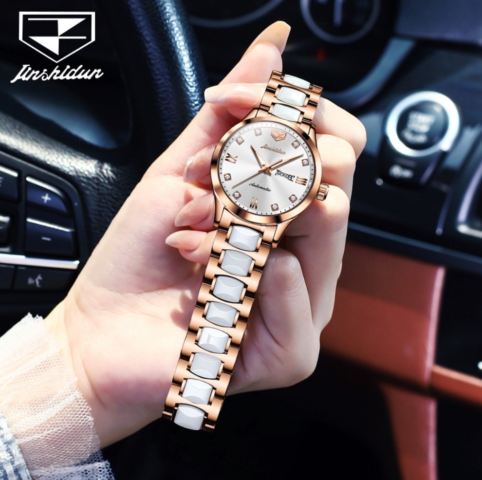 Hot selling gold shield simple mechanical watch ceramic ladies watch (ceramic with rose shell white face for women)