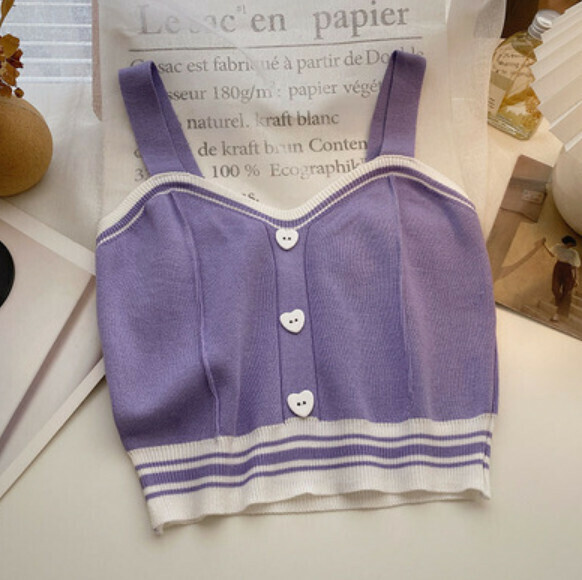 Summer Love Button Cropped Knitted Vest (Purple) [One Size]