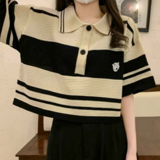熱賣針織條紋polo短袖T恤【杏色】【均碼】