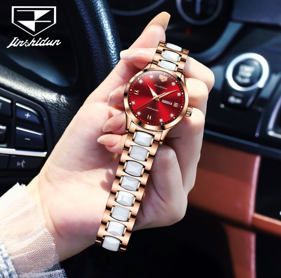 Hot selling gold shield simple mechanical watch ceramic ladies watch (ceramic with rose shell red face for women)