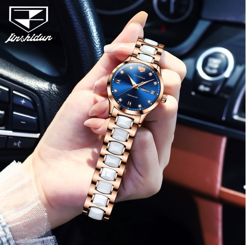 Hot selling gold shield simple mechanical watch ceramic ladies watch (ceramic with rose shell blue face for women)