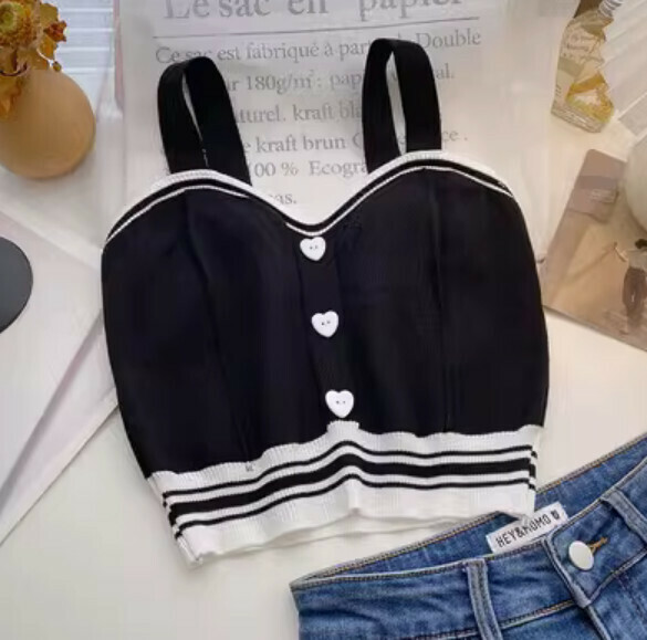 Summer Love Button Cropped Knitted Vest (Black) [One Size]