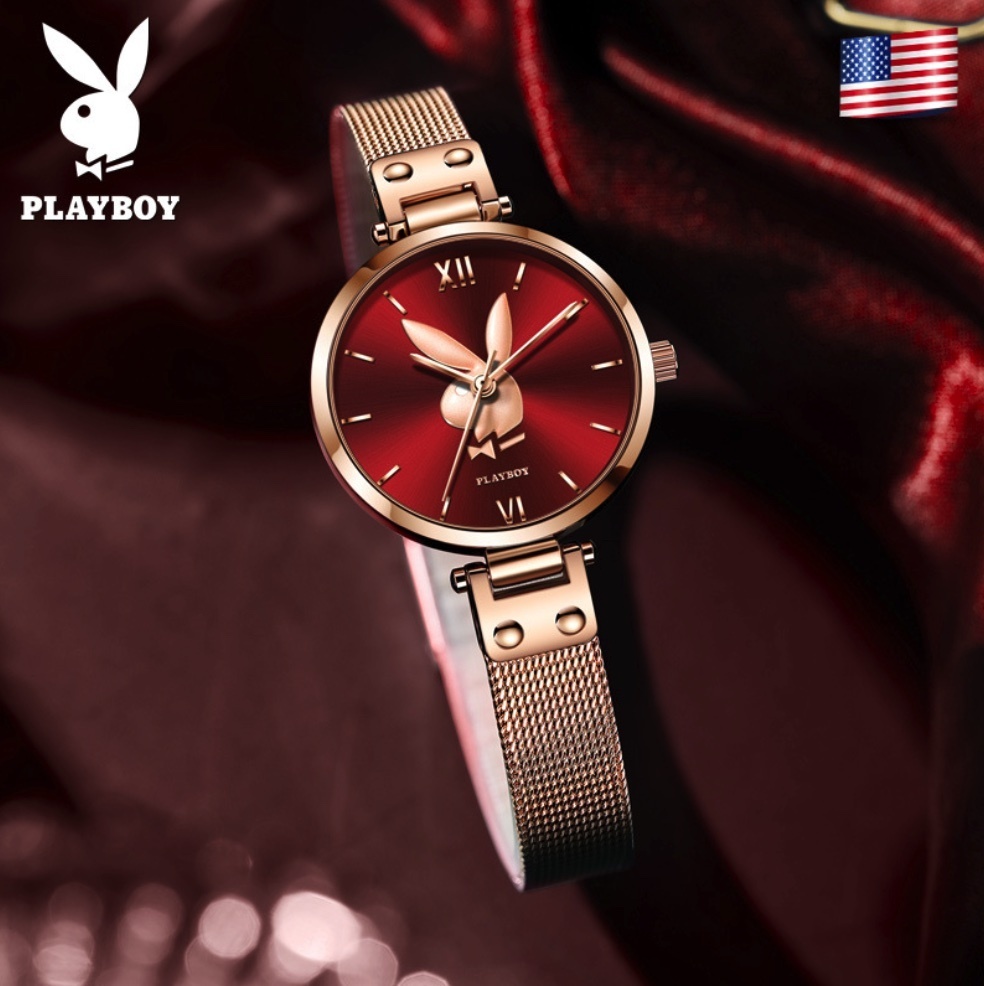 Hot Selling PLAYBOY Women's Watch (Mesh Belt Rose Shell Red Face Women)