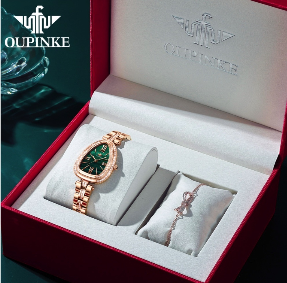 Hot selling European Pink quartz watch women's watch (steel belt green face women's suit with bracelet)