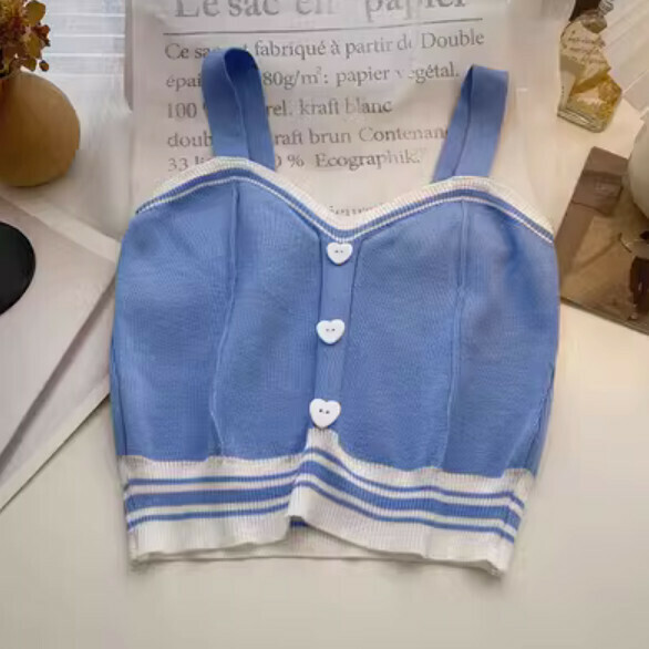 Summer Love Button Cropped Knitted Vest (Blue) [One Size]
