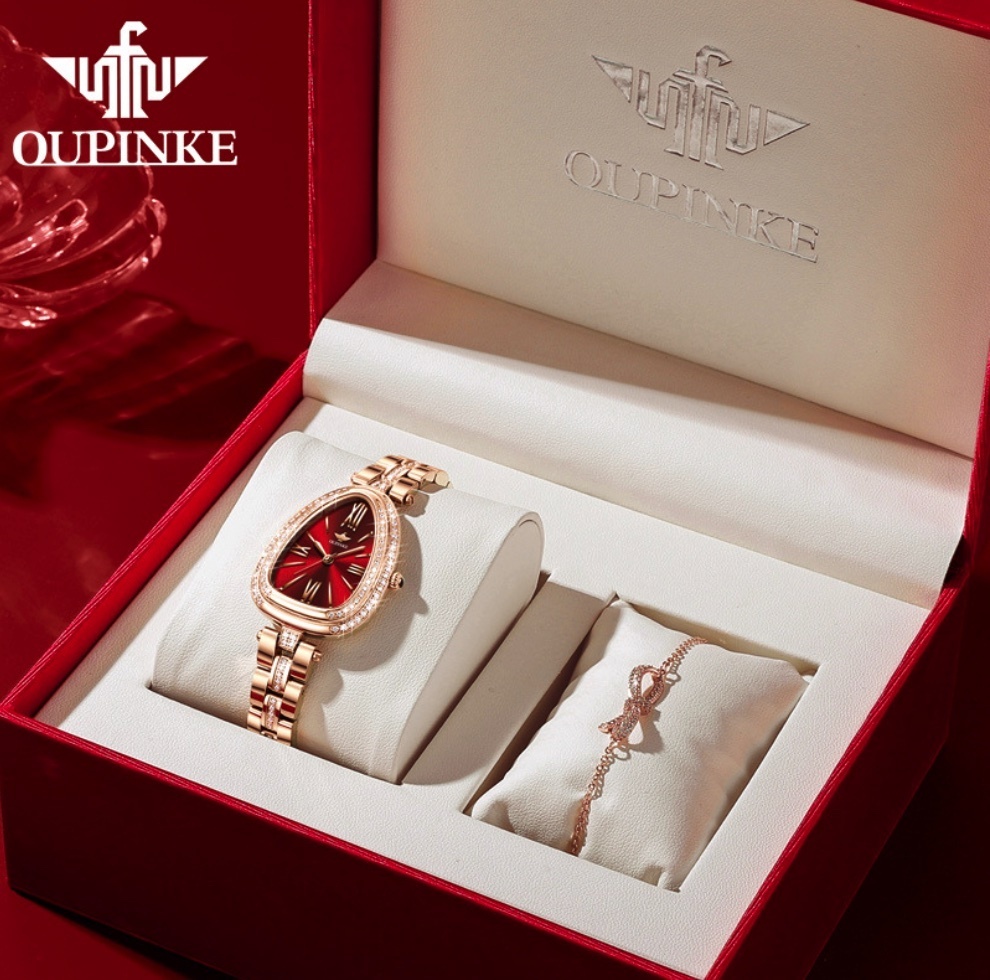 Hot selling European Pink quartz watch women's watch (steel belt red face women's suit with bracelet)