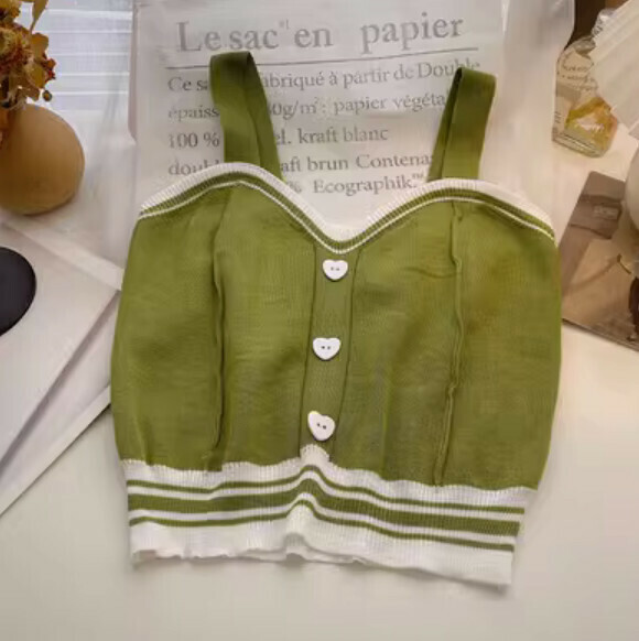 Summer Love Button Cropped Knitted Vest (Green) [One Size]