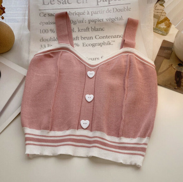 Summer Love Button Cropped Knitted Vest (Pink) [One Size]