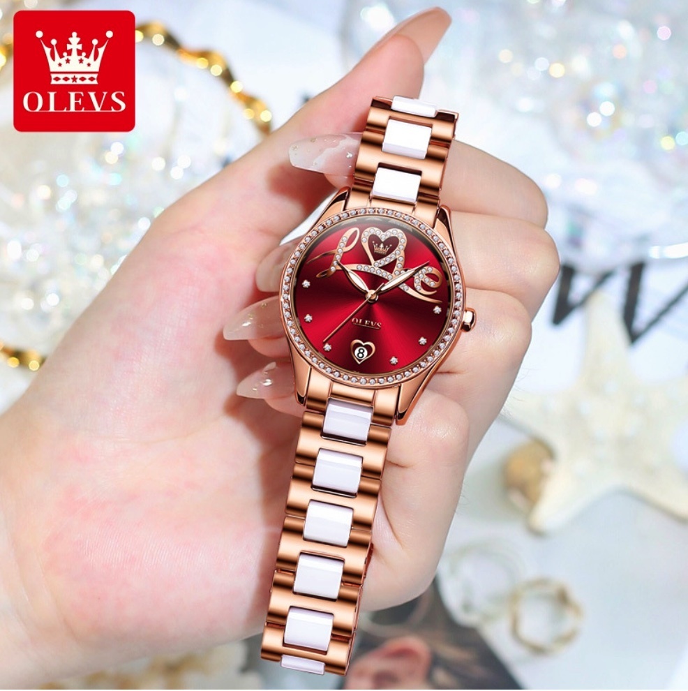 Hot selling Oris ceramic women's watch (ceramic with rose shell and red face for women)